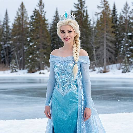 Digital artwork of Elsa from Frozen in a shimmering blue ice queen gown, silver tiara, and braid, standing on a snowy lake.