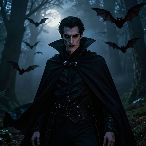 Photograph of a pale, dark-haired vampire with intense eyes, wearing a black cloak, standing in a misty forest at night with bats flying around