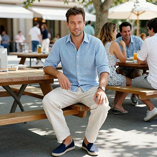 Photograph of a handsome, smiling man in a blue checkered shirt and white pants, sitting on a wooden bench in a sunny outdoor café, surrounded