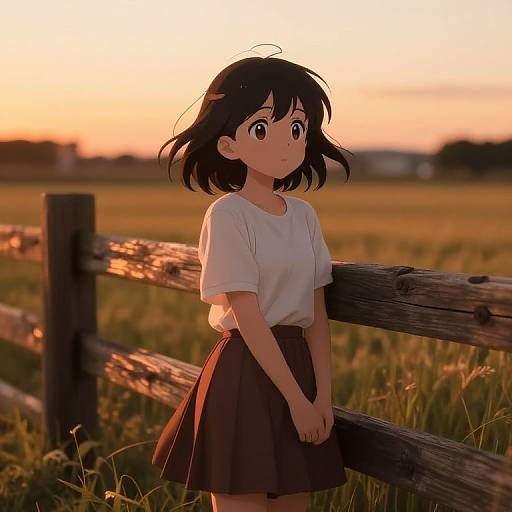 Anime-style drawing of a young girl with short black hair, white shirt, and brown skirt, leaning against a wooden fence at sunset in a grassy