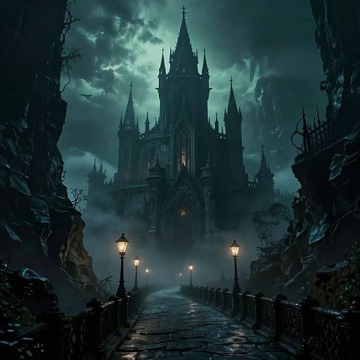 Gothic Castle in Misty Night