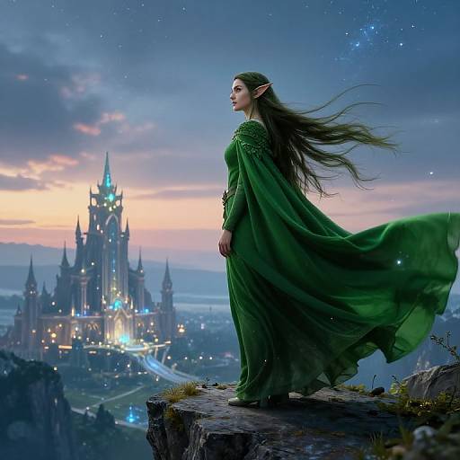 Fantasy illustration: Elven woman with long dark hair, green cloak, and pointed ears stands on cliff, gazing at illuminated, magical castle under
