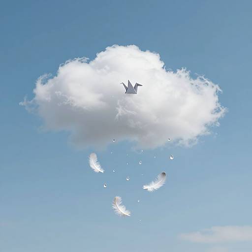 Photograph of a white, fluffy cloud with a small airplane silhouette inside, surrounded by falling white feathers against a clear blue sky.
