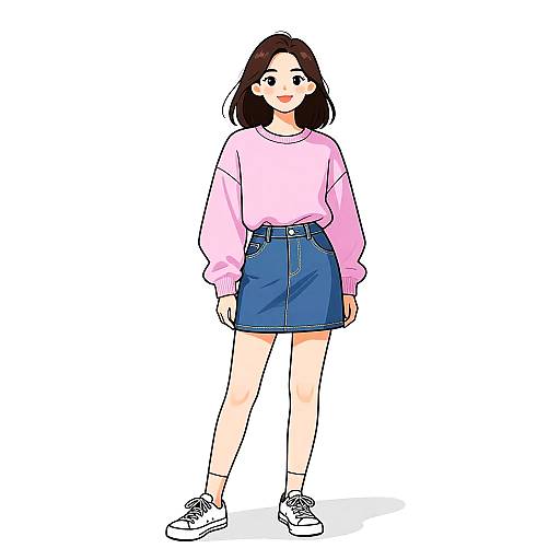 Digital anime-style drawing of a smiling young woman with black hair, pink long-sleeve sweater, blue high-waist skirt, white socks,