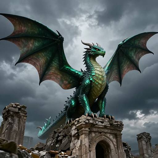 Photorealistic digital artwork of a glowing green and black dragon with large wings standing on ancient ruins under a stormy sky.