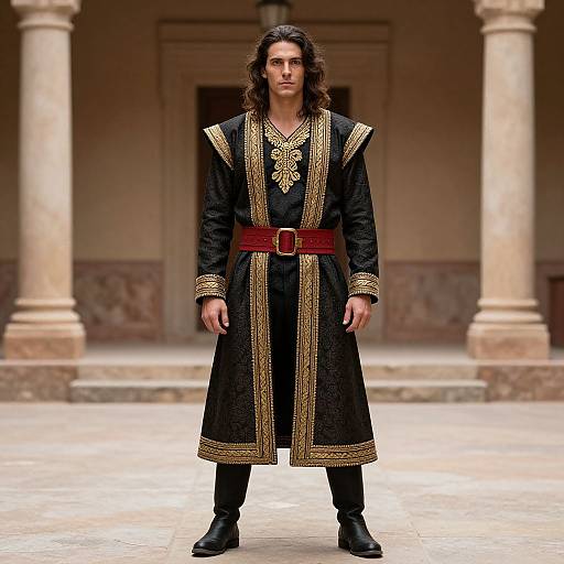 Photograph of a young man with long dark hair, wearing a black and gold embroidered medieval-style robe, red belt, black boots, standing in a