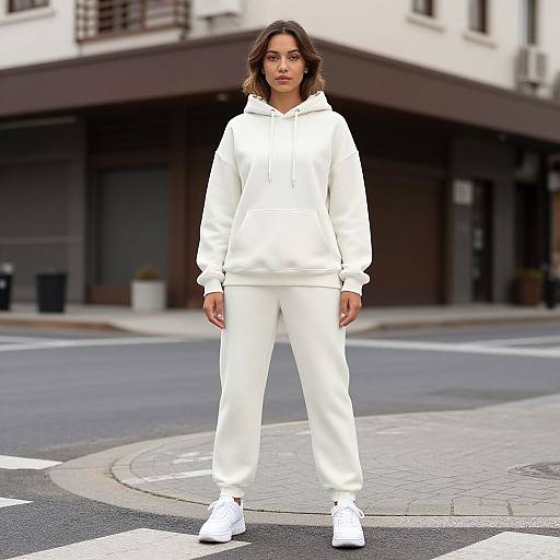 Photograph of a young woman with medium-length brown hair, wearing an all-white hoodie and pants, standing confidently on a city street corner.