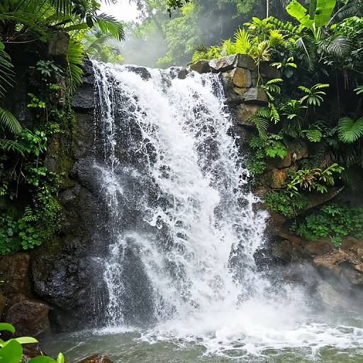 Photograph of a lush, tropical waterfall cascading over dark rocks, surrounded by vibrant green foliage and misty spray.