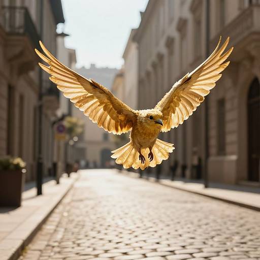 Golden-brown bird with outspread wings mid-flight over sunlit, cobblestone European street, flanked by tall, historic buildings in soft focus