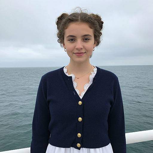Photograph of a young woman with curly brown hair in double buns, wearing a navy cardigan with gold buttons and white lace-trimmed top