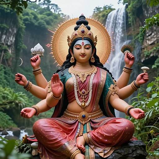 Digital artwork of a multi-armed goddess with golden halo, red and green sari, seated in a forest by a waterfall. She holds lotus