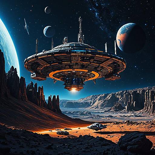 Futuristic Space Station Hovering Over Desert Planet