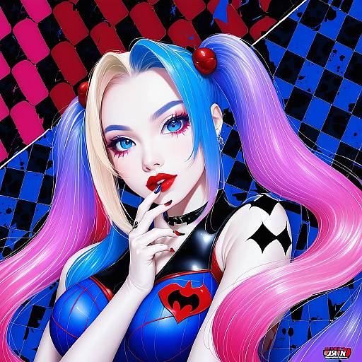 Illustration of Harley quinn, dc comics in the style of Urin
