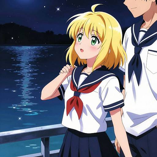 Anime-style digital artwork of a blonde girl with green eyes, wearing a sailor school uniform, standing by a night-lit lake, with a boy partially
