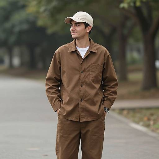 Photograph of a young man with light skin, short brown hair, wearing a white cap, brown jacket, and pants, standing on a tree-lined