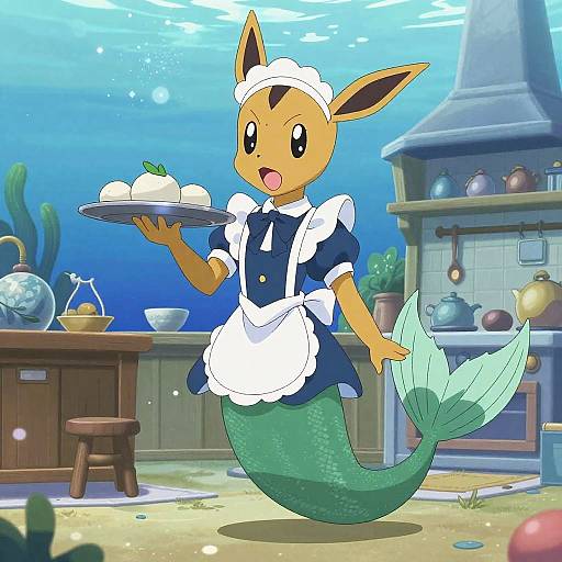 Digital anime-style image of a mermaid Eevee with a maid outfit, holding a tray with a dessert, underwater near a wooden kitchen.