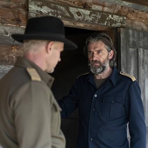 Serious Men in a Rustic Cabin