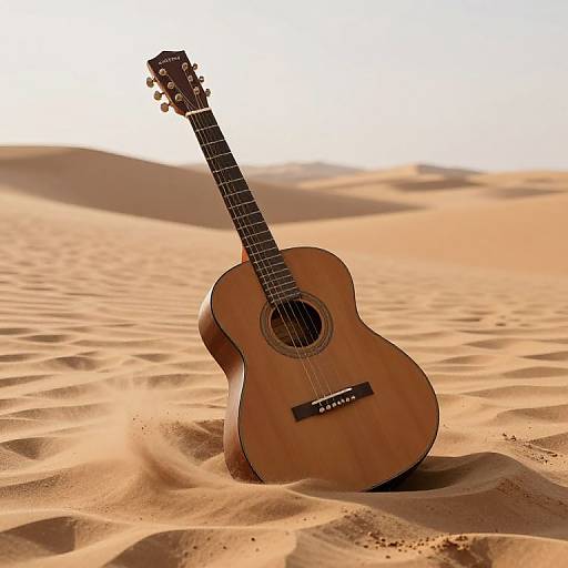 Photograph of a wooden acoustic guitar standing upright in golden desert sand with gentle waves and a bright, clear sky.