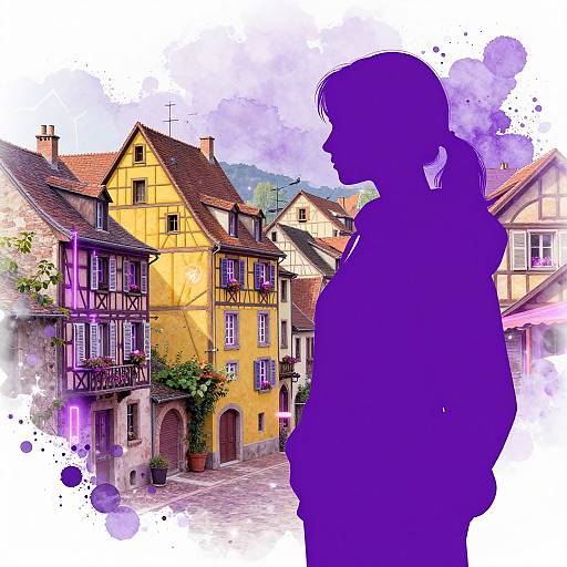 Digital artwork of a purple silhouette of a girl in a side profile, standing in front of a colorful, sunlit European village with yellow and brown buildings