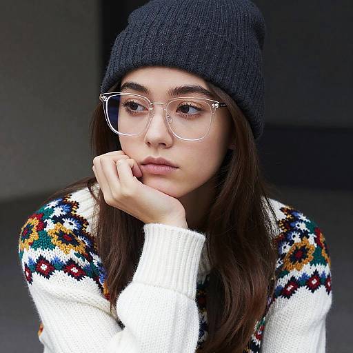 Thoughtful Young Woman in Cozy Knitwear