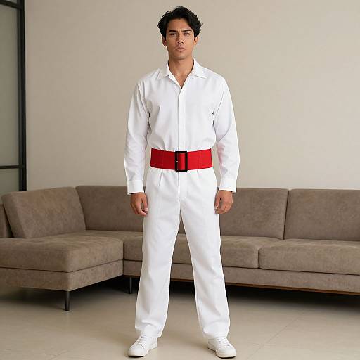 Photograph of a young man with curly black hair, wearing a white martial arts gi with a red belt, standing in front of a beige sofa in