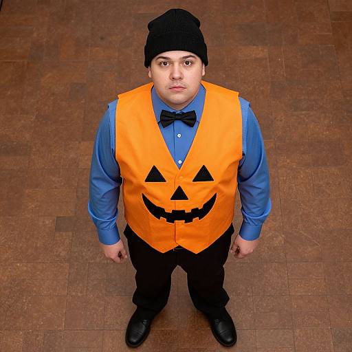 Photograph of a plus-sized man with fair skin, wearing an orange Halloween vest with a jack-o'-lantern face, blue shirt, black bow