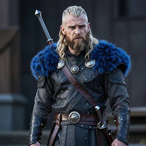 Photograph of a stern, blonde-bearded Viking warrior in dark, armored attire with blue fur shoulder guards, sword on back, standing outdoors.