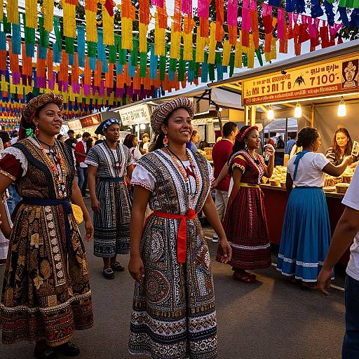 Photograph of traditional Mexican dancers in colorful embroidered dresses, red sashes, and hats, performing in a vibrant outdoor market with colorful papel picado and