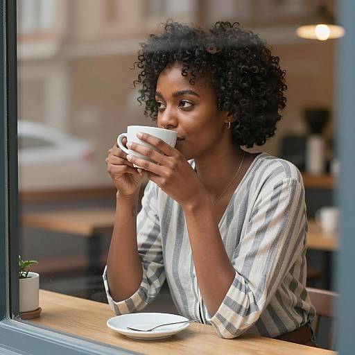 Photograph of a black woman with curly hair, sipping from a white cup, wearing a striped shirt, seated at a cafe window.