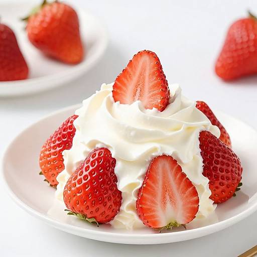 Photograph of a white plate filled with whipped cream topped with vibrant red strawberry slices, with blurred strawberries in the background.