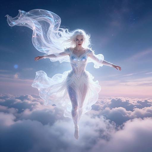 Ethereal woman with glowing white hair and translucent dress floats above clouds in a starry, twilight sky. Digital art.