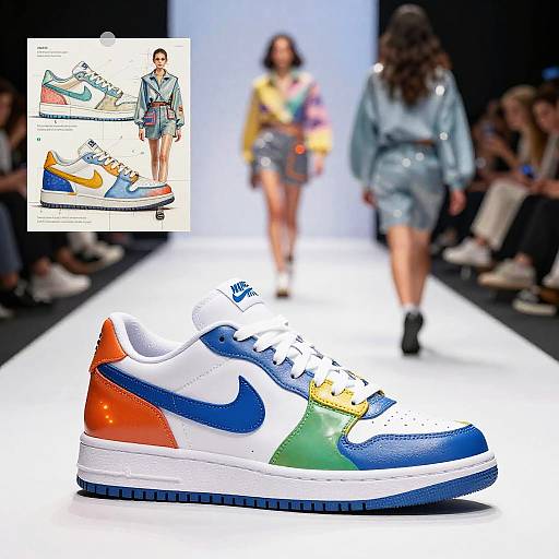 Photograph of colorful Nike sneaker on runway, featuring orange, blue, green, and white panels, with blurred fashion models in the background. In