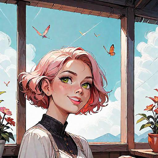 Smiling Anime Girl Outside Window