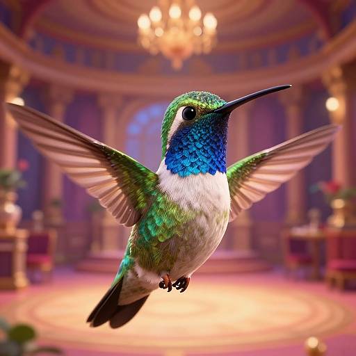 Vibrant photograph of a hummingbird with green, blue, and white feathers mid-flight in a luxurious, warmly lit ballroom with a chandelier