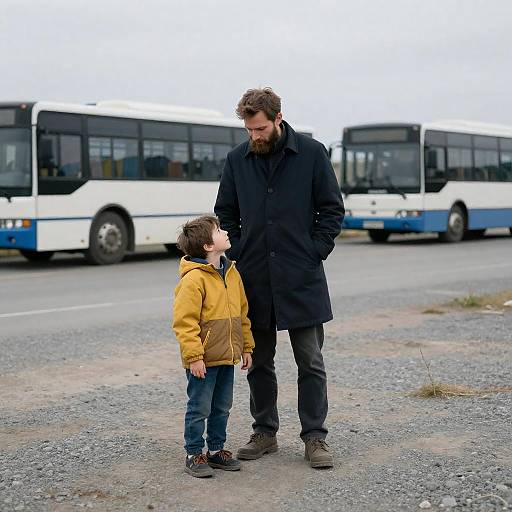 Man and Boy Standing on Gravel with Buses in Background