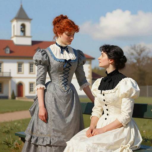 Photorealistic digital painting of two Victorian women in ornate dresses, one standing, one sitting on a bench, with a white house and blue sky