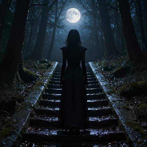 Silhouetted Woman in Dark Forest Under Full Moon
