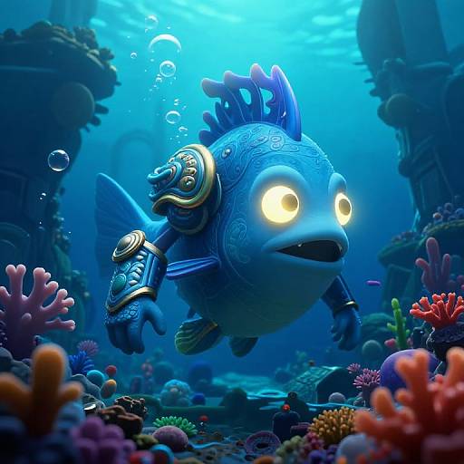Digital illustration of a vibrant, blue, fish-like creature with glowing eyes, armored fins, and spiky head, swimming in a colorful, underwater coral