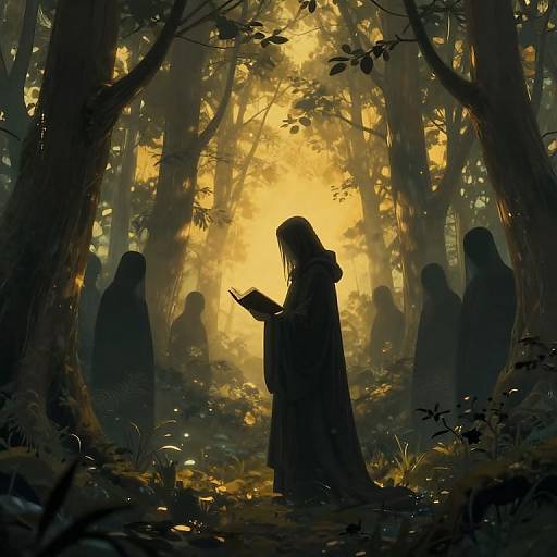 Digital artwork of a silhouetted figure in a forest, reading a book, surrounded by shadowy, hooded figures, bathed in golden