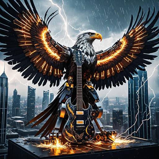 Robotic Eagle with Flaming Wings and Molten Guitar