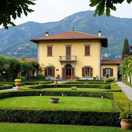 Photograph of a yellow, two-story villa with red-tiled roof, surrounded by manicured hedges, garden pots, and mountainous background.