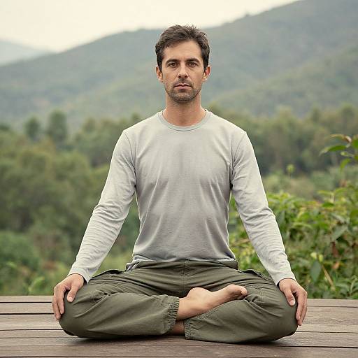 Photograph of a serious, dark-haired man in a white long-sleeve shirt and olive pants, sitting cross-legged on a wooden deck, med