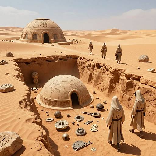 CGI image of a desert planet with two dome-shaped structures, four robed figures, and scattered sci-fi devices around a central crater.