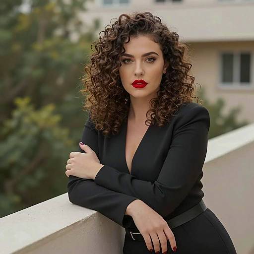 Curly-Haired Woman in Black Outfit
