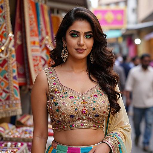 Photograph of a beautiful Indian woman with long dark hair, green eyes, gold embroidered top, and teal dupatta, standing in a vibrant market.