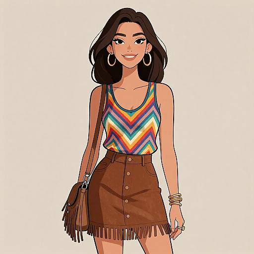 Digital illustration of a smiling woman with long black hair, wearing a colorful zigzag tank top, brown fringe skirt, hoop earrings, and bracelets, standing