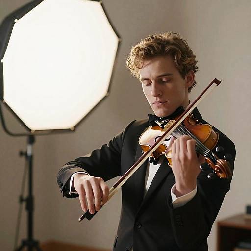 Photograph of a young, curly-haired man in a black tuxedo with bowtie, playing a violin under bright studio light.