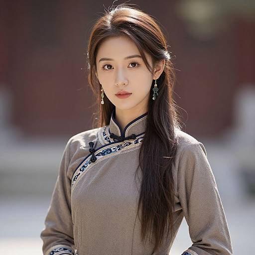Photograph of an East Asian woman with long, straight black hair, wearing a traditional gray Chinese cheongsam with blue embroidered trim, standing outdoors with
