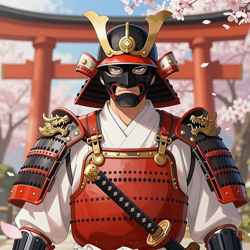 Elegant Samurai in Armor with Cherry Blossoms
