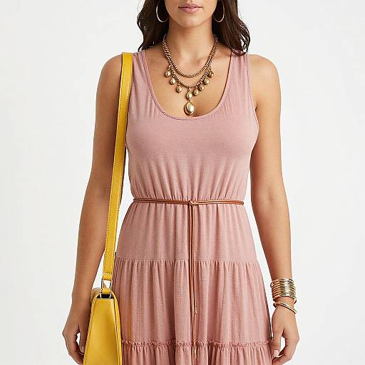 Photograph of a woman wearing a pink sleeveless dress, yellow shoulder bag, layered necklaces, and bracelets, against a white background.